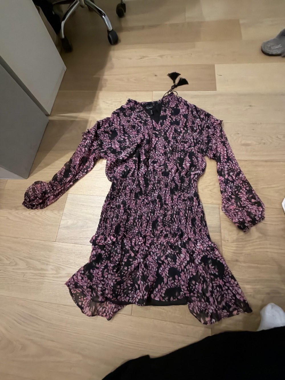 Aqua Black Dress with Pink Floral Print - Long Sleeve V-Neck